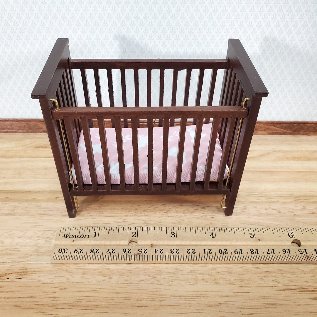 Dollhouse Crib Wood Drop Side Dark Walnut 1:12 Scale Miniature Nursery Furniture - Miniature Crush