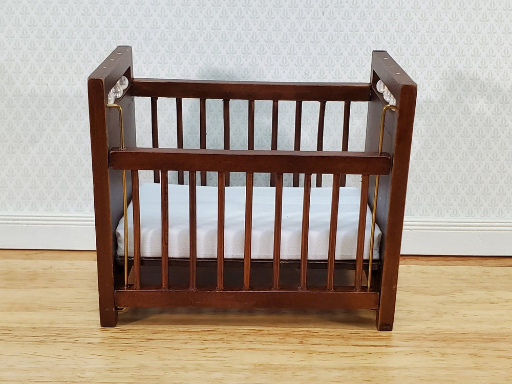 Dollhouse Crib Wood Drop Side Walnut Finish 1:12 Scale Miniature Nursery Furniture - Miniature Crush