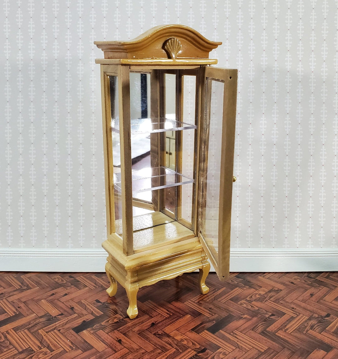 Dollhouse Curio Cabinet Mirrored Back Hutch Light Oak Finish 1:12 Scale Miniature Furniture - Miniature Crush