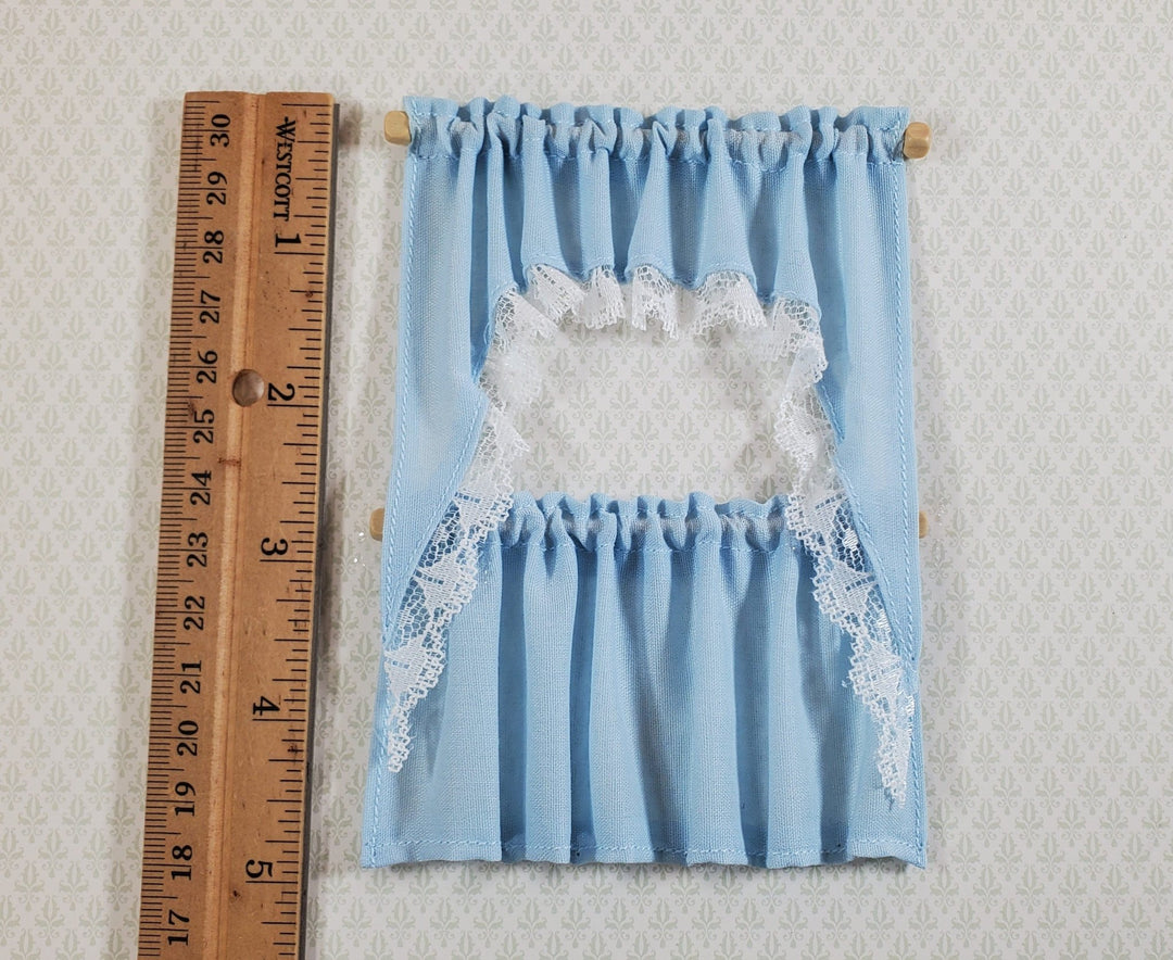 Dollhouse Curtains Cafe Style BLUE with White Lace Wood Curtain Rod 1:12 Scale - Miniature Crush