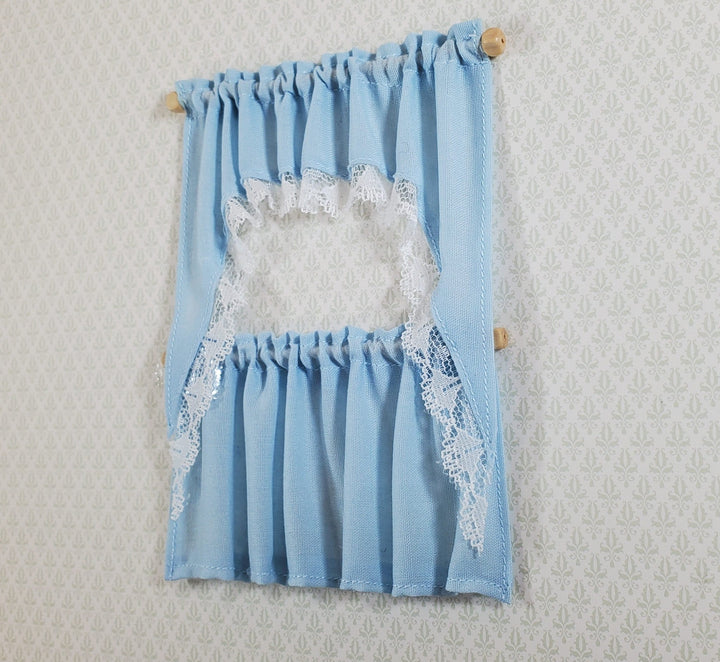 Dollhouse Curtains Cafe Style BLUE with White Lace Wood Curtain Rod 1:12 Scale - Miniature Crush