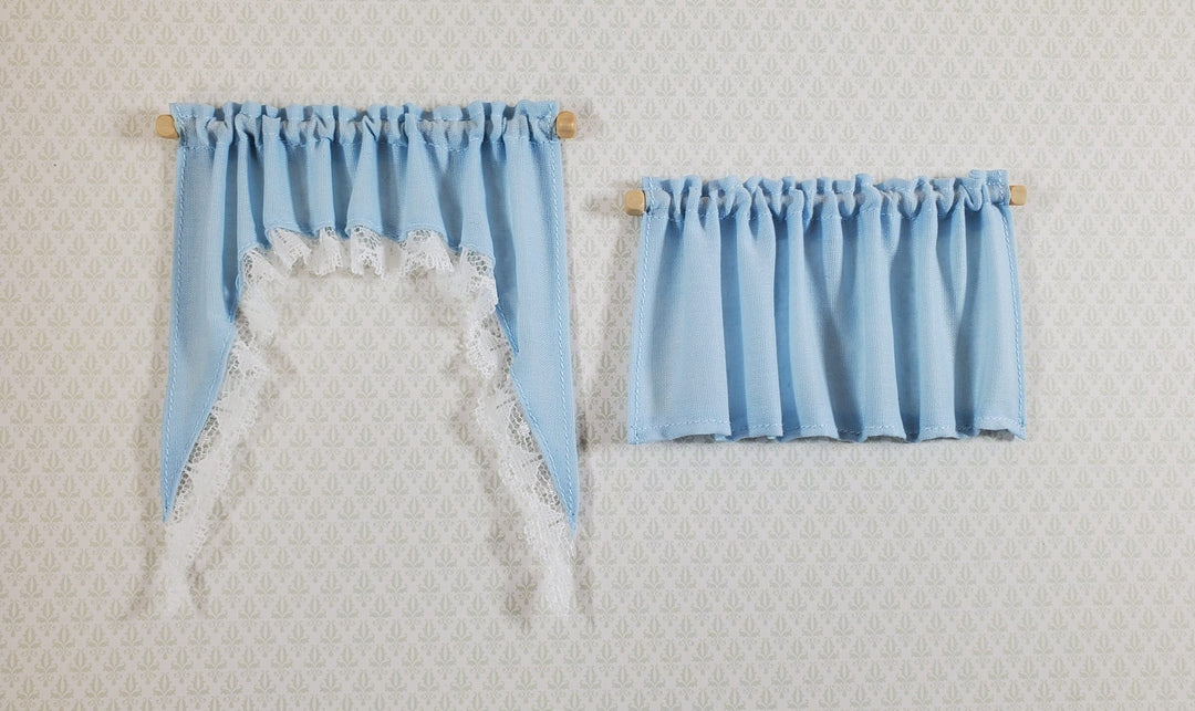 Dollhouse Curtains Cafe Style BLUE with White Lace Wood Curtain Rod 1:12 Scale - Miniature Crush