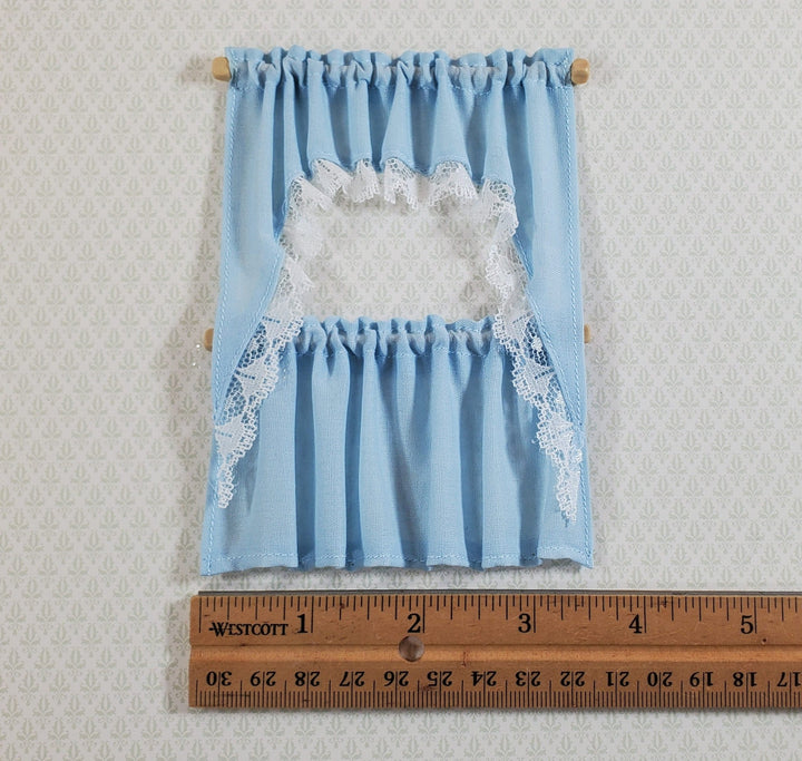 Dollhouse Curtains Cafe Style BLUE with White Lace Wood Curtain Rod 1:12 Scale - Miniature Crush