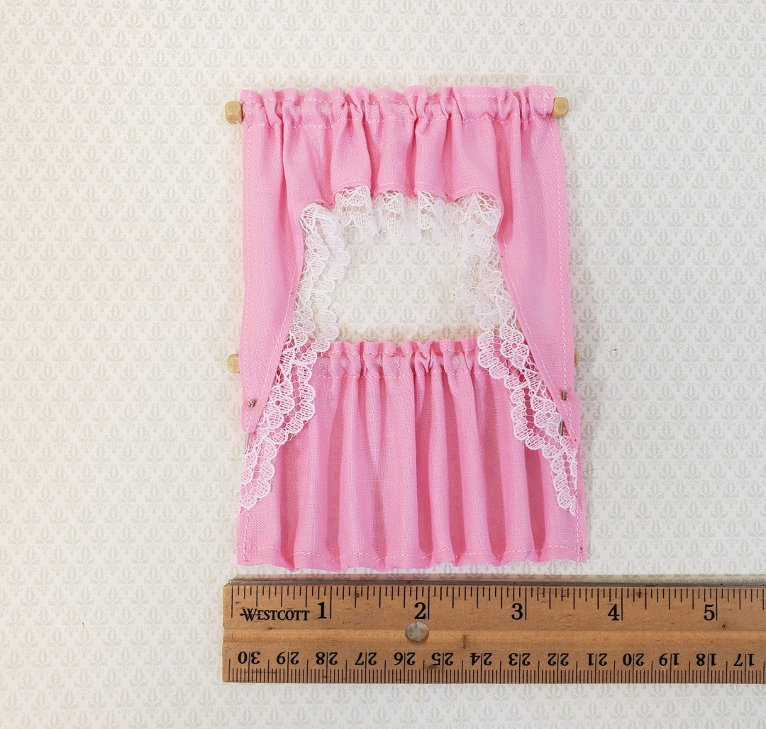 Dollhouse Curtains Cafe Style PINK with White Lace Wood Curtain Rod 1:12 Scale - Miniature Crush