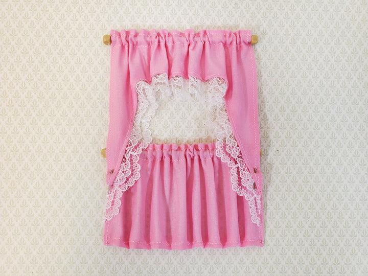 Dollhouse Curtains Cafe Style PINK with White Lace Wood Curtain Rod 1:12 Scale - Miniature Crush