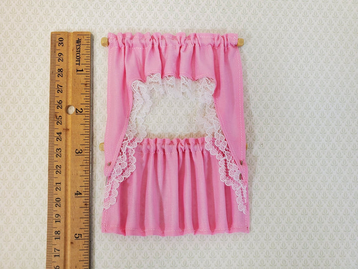 Dollhouse Curtains Cafe Style PINK with White Lace Wood Curtain Rod 1:12 Scale - Miniature Crush