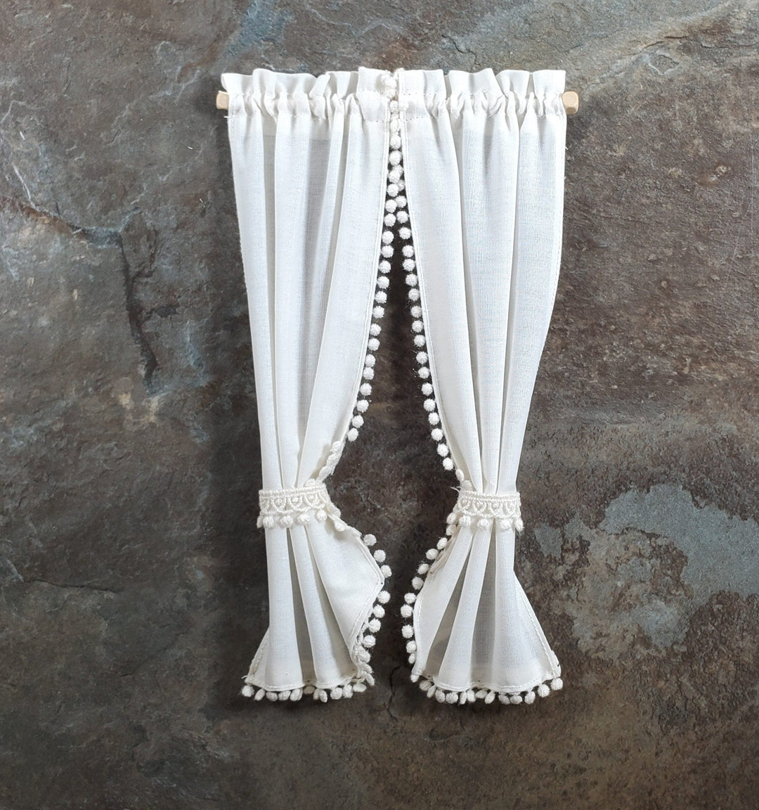 Dollhouse Curtains Fabric Cream Tie Back with Curtain Rod 1:12 Scale Miniatures - Miniature Crush