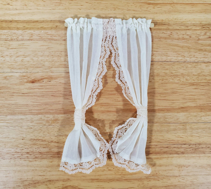 Dollhouse Curtains Fabric & Lace Cream Tie Back with Curtain Rod 1:12 Scale Miniatures Handmade - Miniature Crush