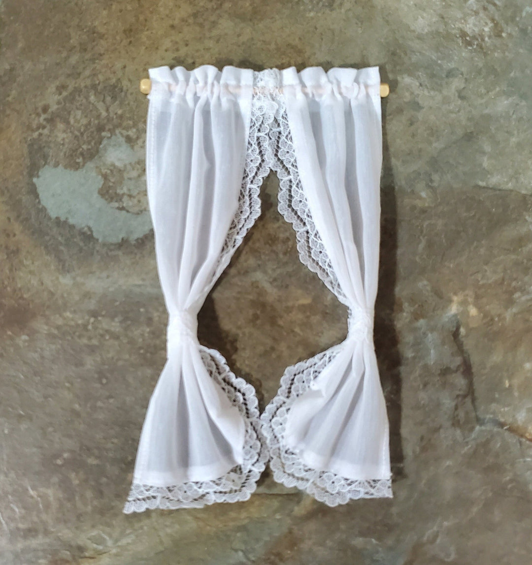 Dollhouse Curtains Fabric & Lace White Tie Back with Curtain Rod 1:12 Scale Miniatures - Miniature Crush