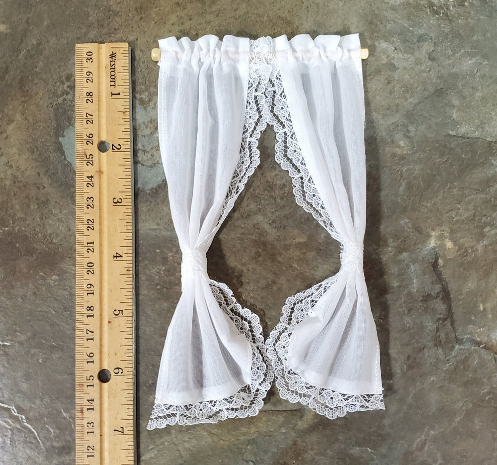 Dollhouse Curtains Fabric & Lace White Tie Back with Curtain Rod 1:12 Scale Miniatures - Miniature Crush