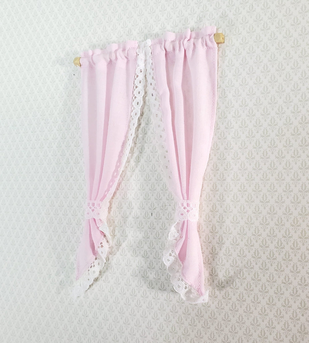 Dollhouse Curtains Light Pink with Lace & Curtain Rod 1:12 Scale Miniature Handmade - Miniature Crush