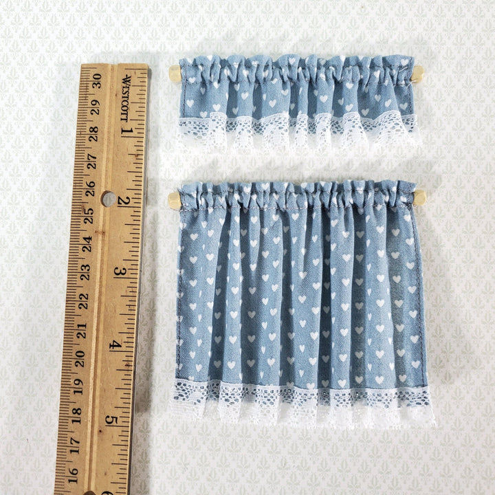 Dollhouse Curtains Nursery or Kitchen Blue with White Hearts 1:12 Scale Miniature - Miniature Crush