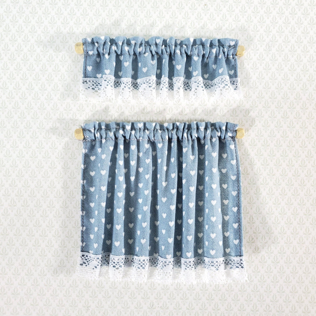 Dollhouse Curtains Nursery or Kitchen Blue with White Hearts 1:12 Scale Miniature - Miniature Crush