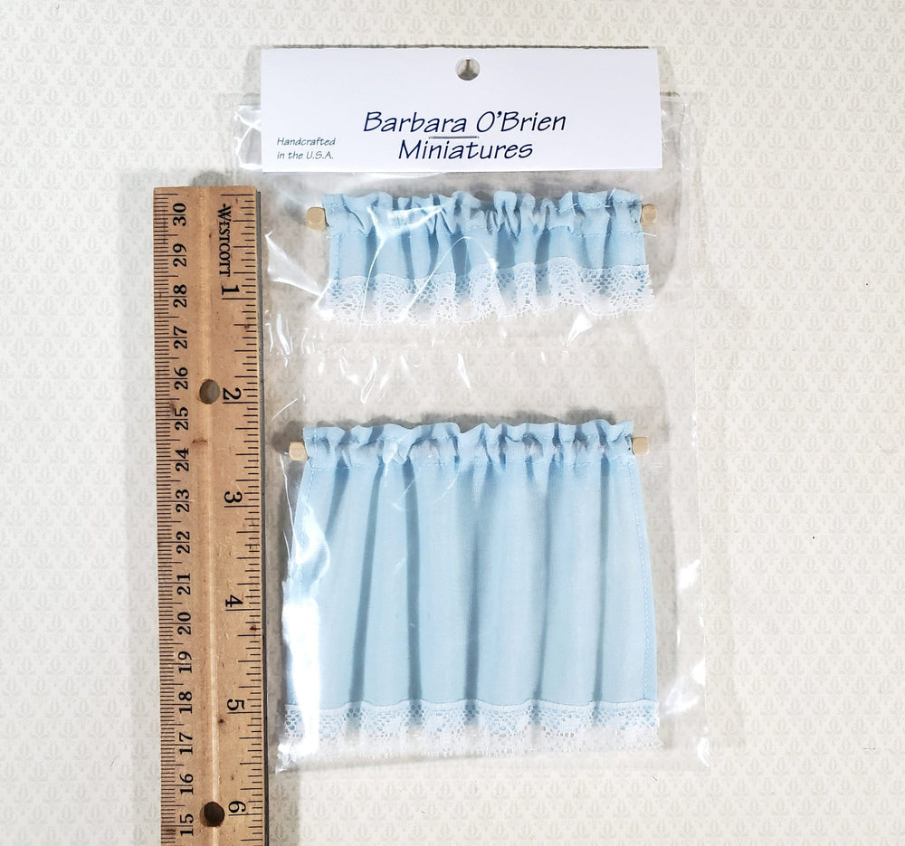Dollhouse Curtains & Valance Blue with Lace Curtain Rod 1:12 Scale Miniature - Miniature Crush