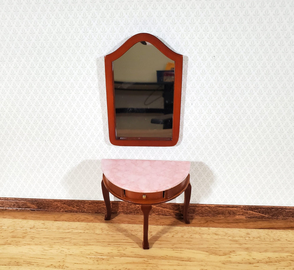 Dollhouse Demi Table with Mirror Half Round Demilune 1:12 Scale Furniture Walnut Finish - Miniature Crush