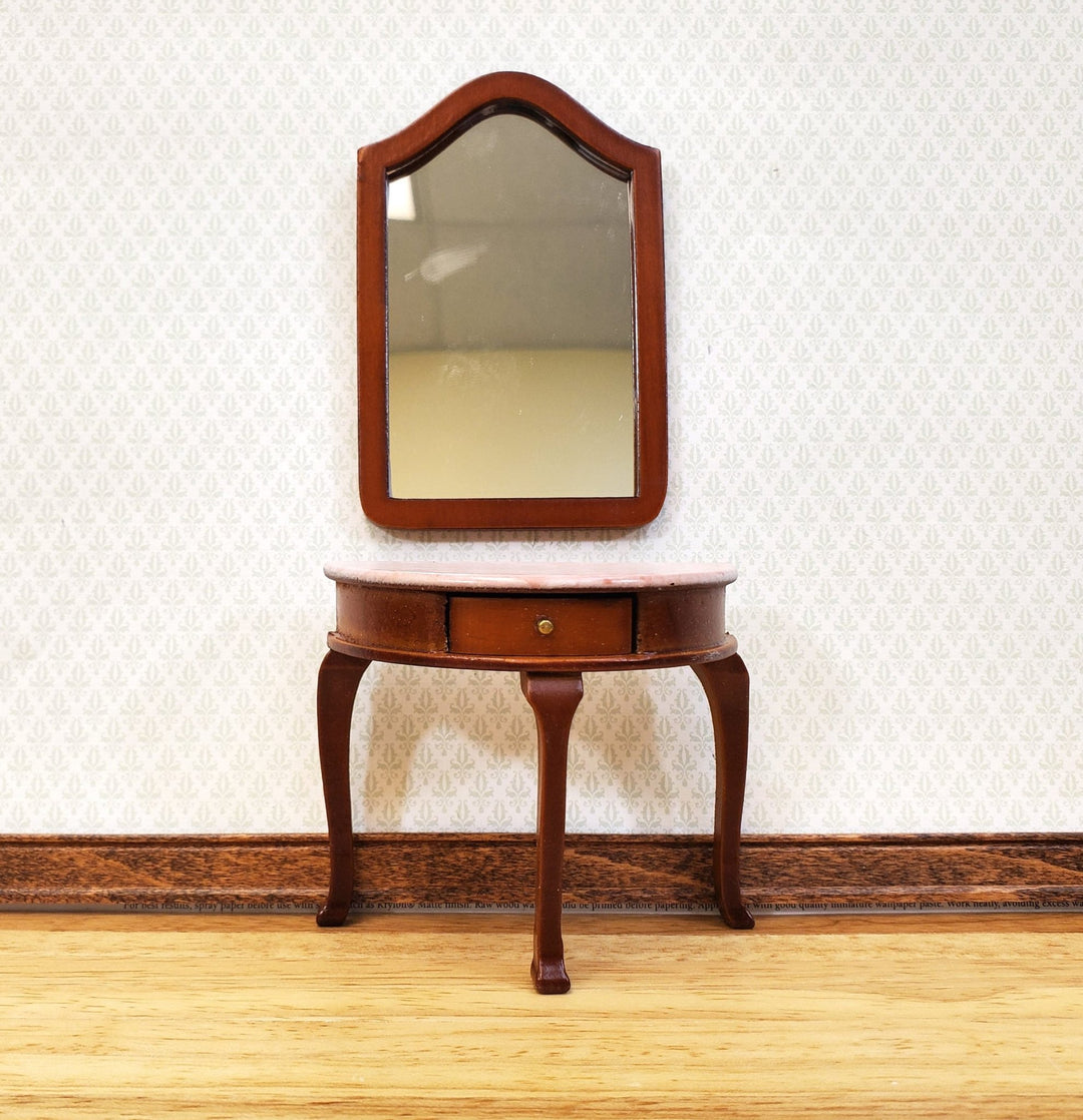 Dollhouse Demi Table with Mirror Half Round Demilune 1:12 Scale Furniture Walnut Finish - Miniature Crush