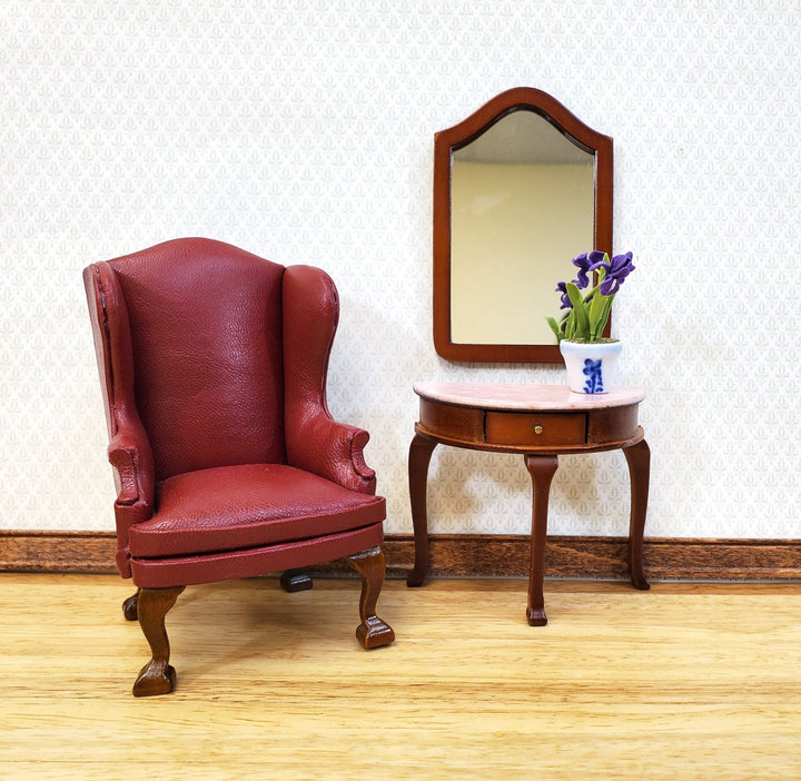 Dollhouse Demi Table with Mirror Half Round Demilune 1:12 Scale Furniture Walnut Finish - Miniature Crush