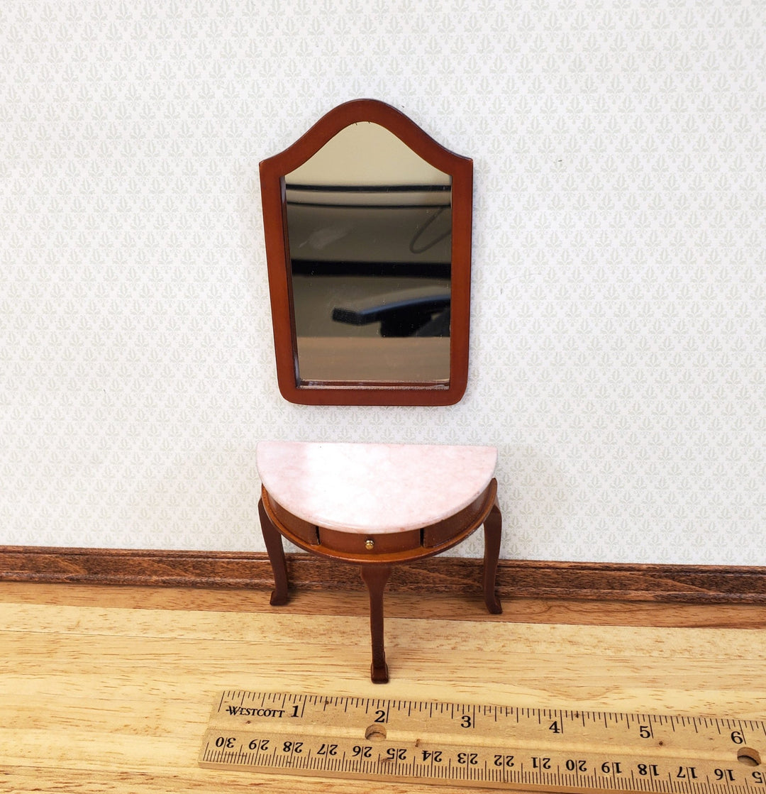 Dollhouse Demi Table with Mirror Half Round Demilune 1:12 Scale Furniture Walnut Finish - Miniature Crush