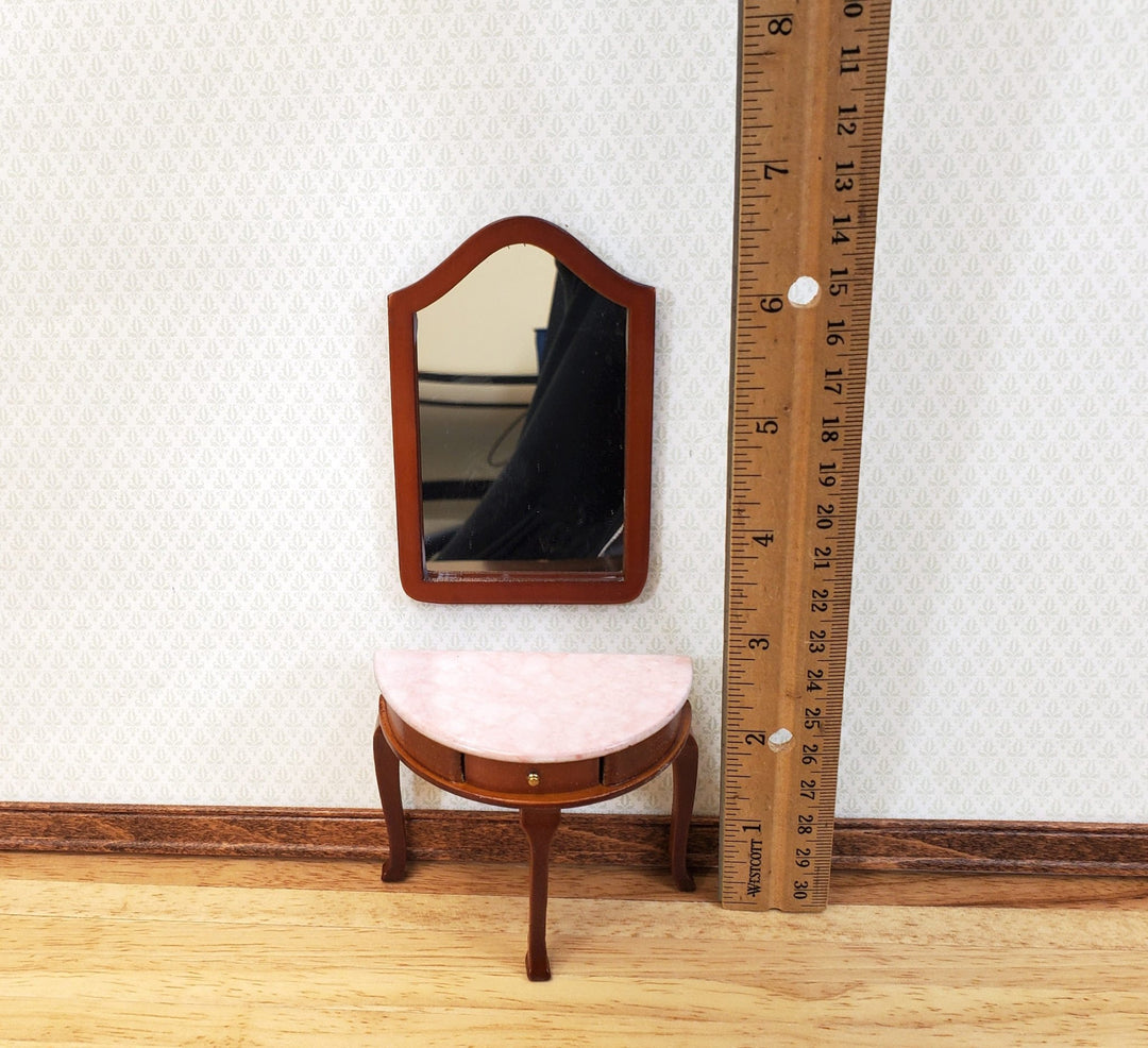 Dollhouse Demi Table with Mirror Half Round Demilune 1:12 Scale Furniture Walnut Finish - Miniature Crush