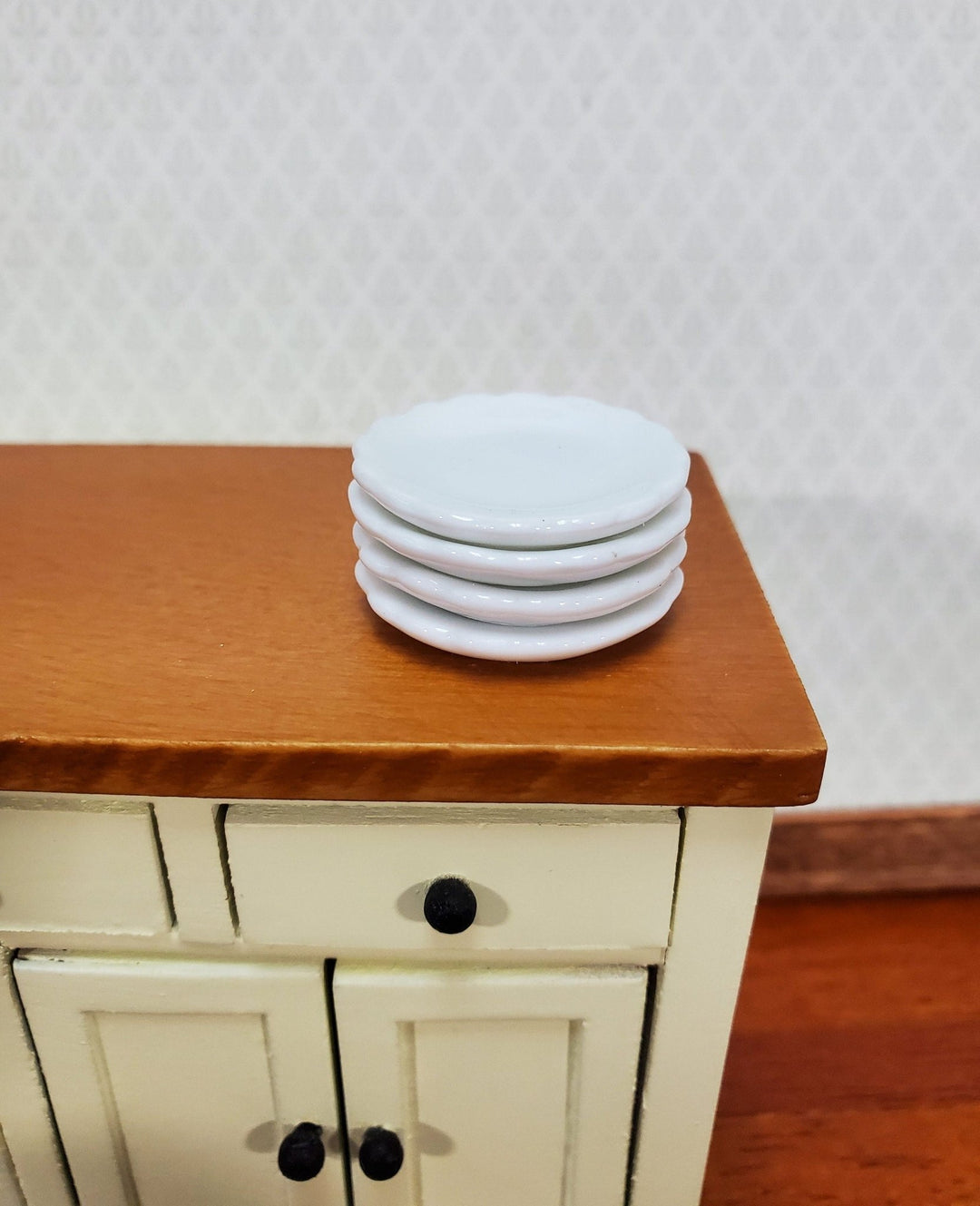 Dollhouse Dinner Plates All White Ceramic Scalloped Edges x4 1:12 Scale 1" - Miniature Crush
