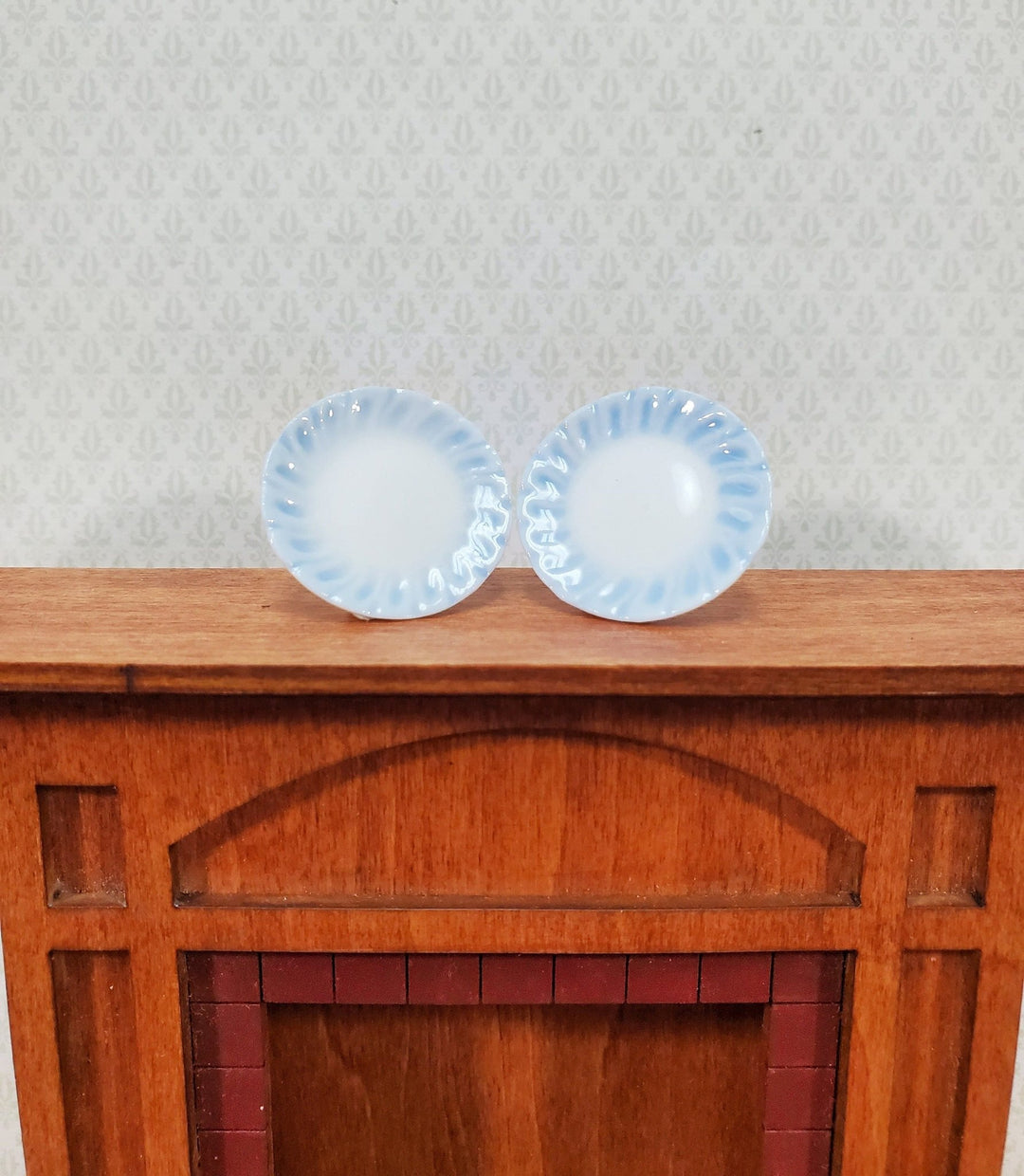 Dollhouse Dinner Plates White Ceramic with Blue Edge Set of 2 1:12 Scale 15/16" - Miniature Crush