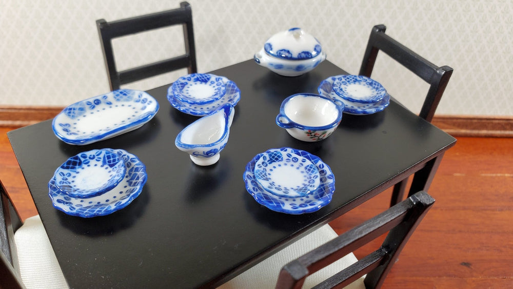 Dollhouse Dishes Blue White Ceramic Plates Serving Pieces 1:12 Scale Miniatures - Miniature Crush