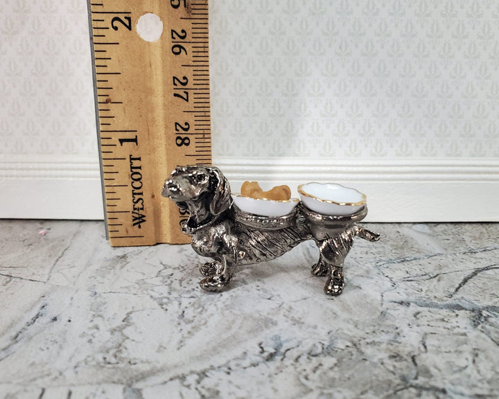 Dollhouse Dog Food Bowls Silver Dachshund Reutter Porcelain 1:12 Scale Miniature - Miniature Crush