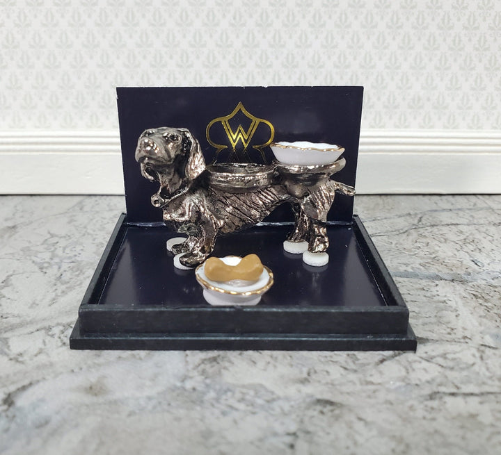 Dollhouse Dog Food Bowls Silver Dachshund Reutter Porcelain 1:12 Scale Miniature - Miniature Crush