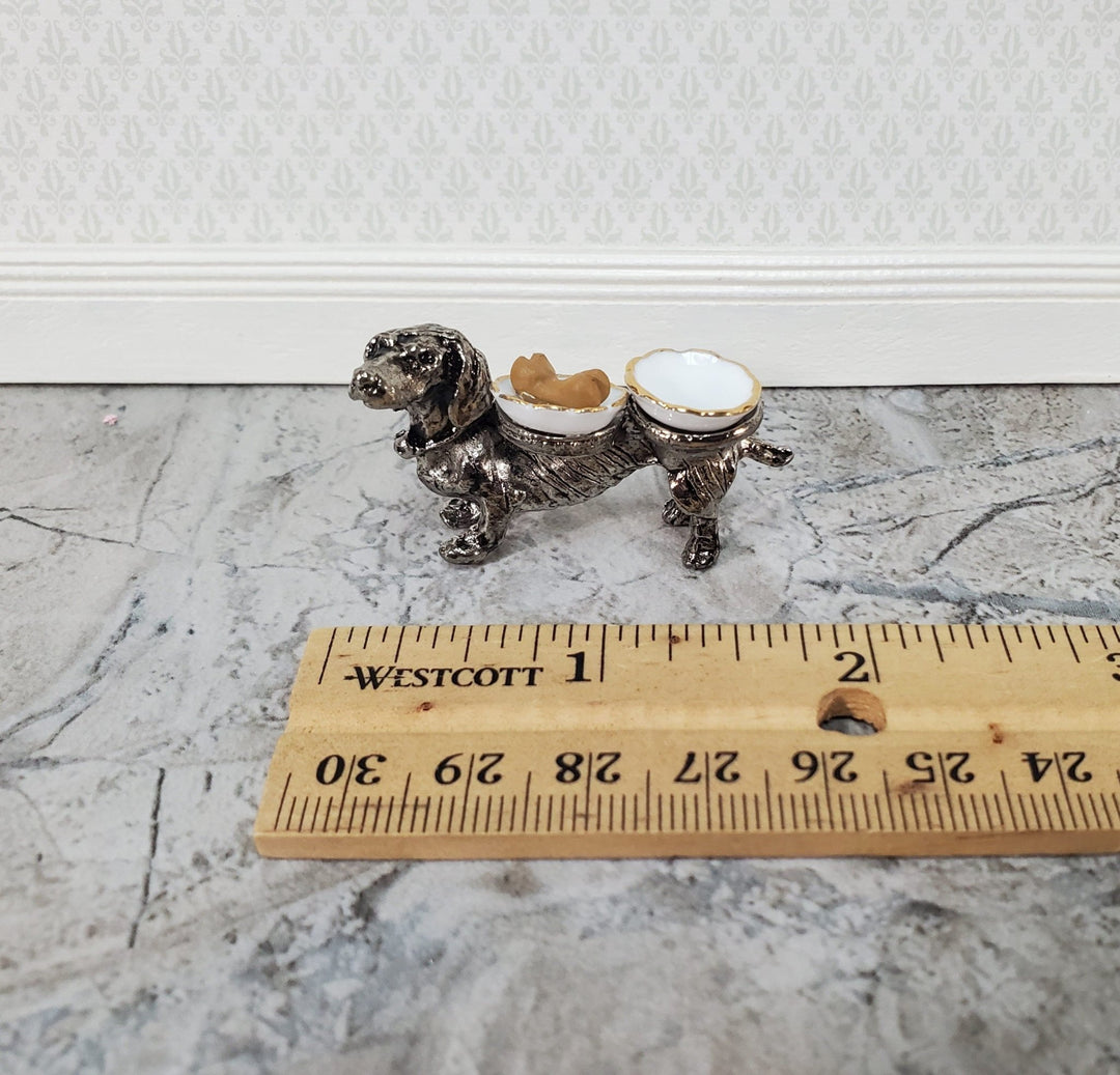 Dollhouse Dog Food Bowls Silver Dachshund Reutter Porcelain 1:12 Scale Miniature - Miniature Crush