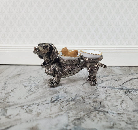 Dollhouse Dog Food Bowls Silver Dachshund Reutter Porcelain 1:12 Scale Miniature - Miniature Crush