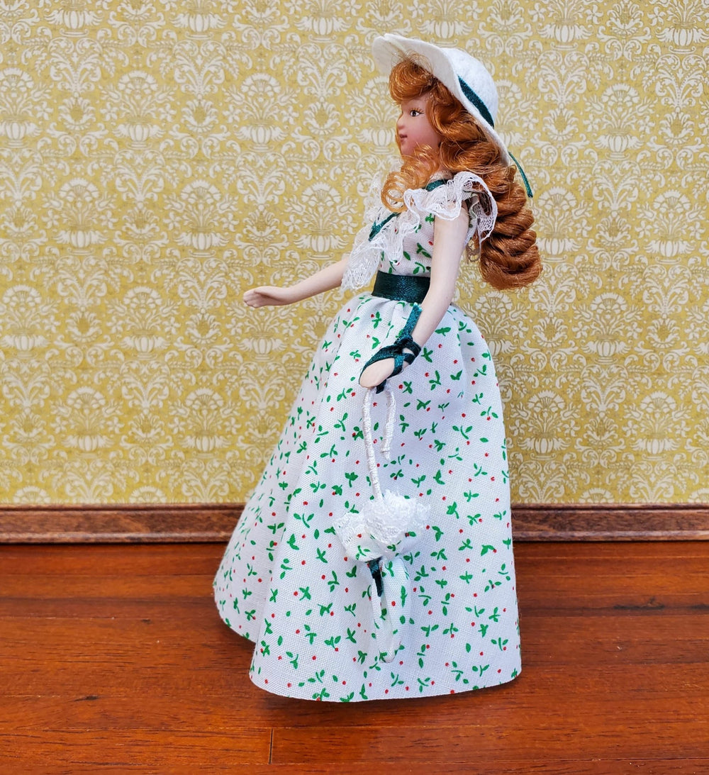 Dollhouse Doll in Sun Dress and Hat Porcelain with Parasol Umbrella 1:12 Scale Miniature - Miniature Crush