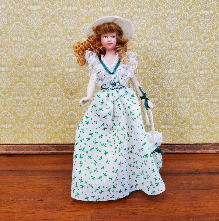 Dollhouse Doll in Sun Dress and Hat Porcelain with Parasol Umbrella 1:12 Scale Miniature - Miniature Crush