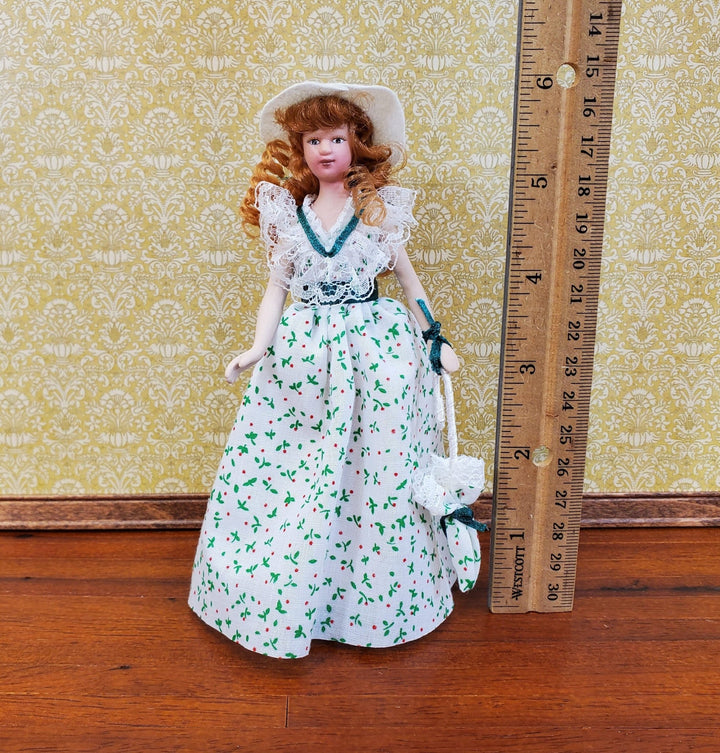 Dollhouse Doll in Sun Dress and Hat Porcelain with Parasol Umbrella 1:12 Scale Miniature - Miniature Crush