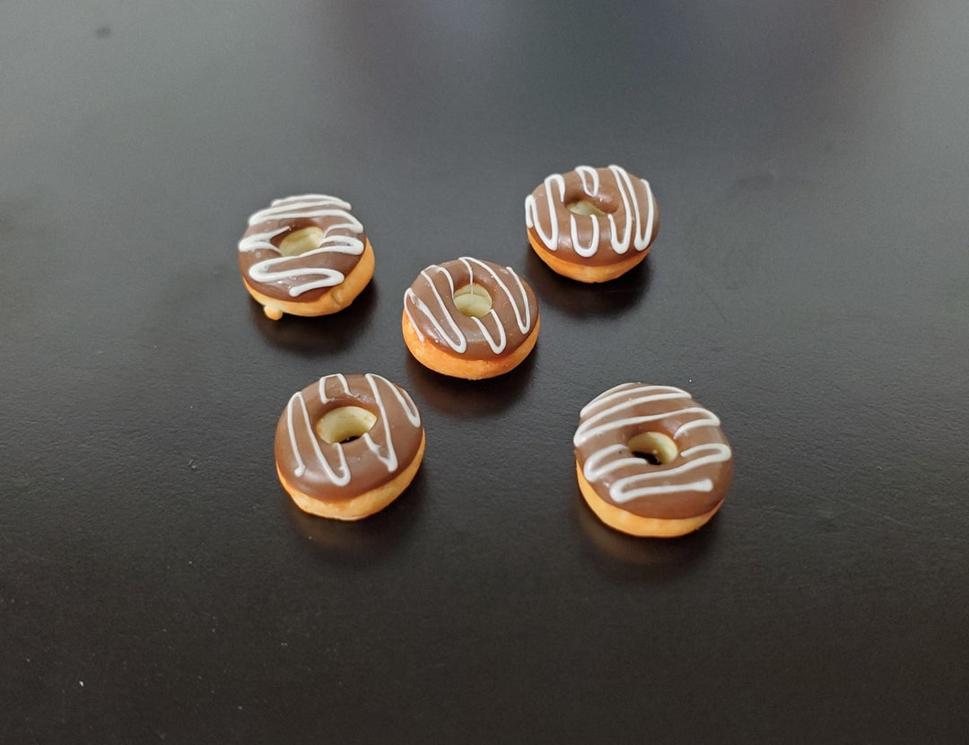 Dollhouse Donuts x5 Chocolate Frosted White Drizzle 1:12 Scale Miniature Food Dessert Bakery - Miniature Crush