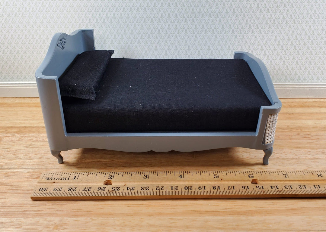 Dollhouse Double Bed Gray with Black Sheet Pillow 1:12 Scale Bedroom Furniture - Miniature Crush