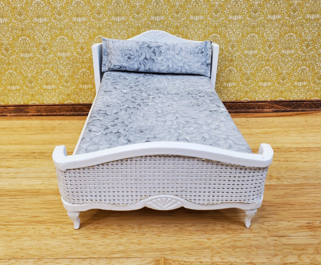 Dollhouse Furniture Queen Bed Set, Mini Bedroom Accessories for 12 inch Dolls, Grey Bedding, White Wooden Frame, 1/6 Scale