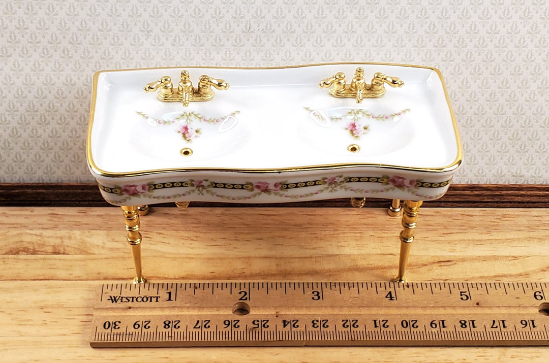 Dollhouse Double Sink Victorian Rose Double Reutter Porcelain 1:12 Scale Miniature - Miniature Crush