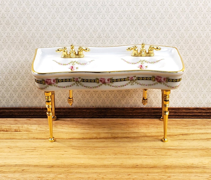 Dollhouse Double Sink Victorian Rose Double Reutter Porcelain 1:12 Scale Miniature - Miniature Crush