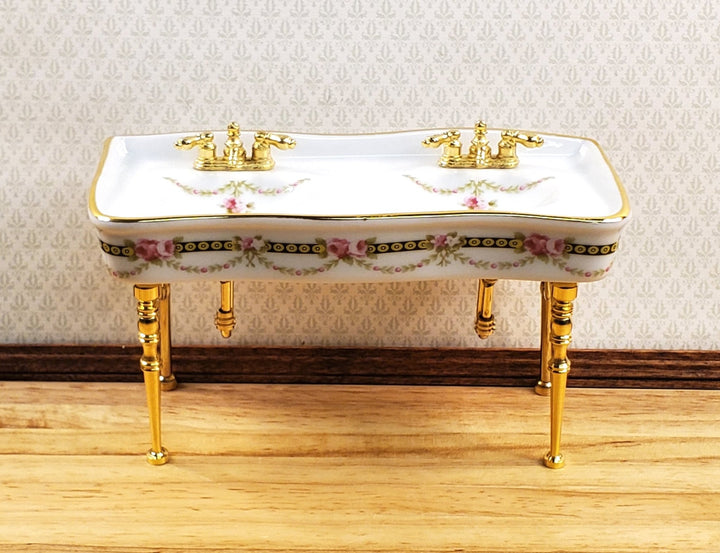 Dollhouse Double Sink Victorian Rose Double Reutter Porcelain 1:12 Scale Miniature - Miniature Crush