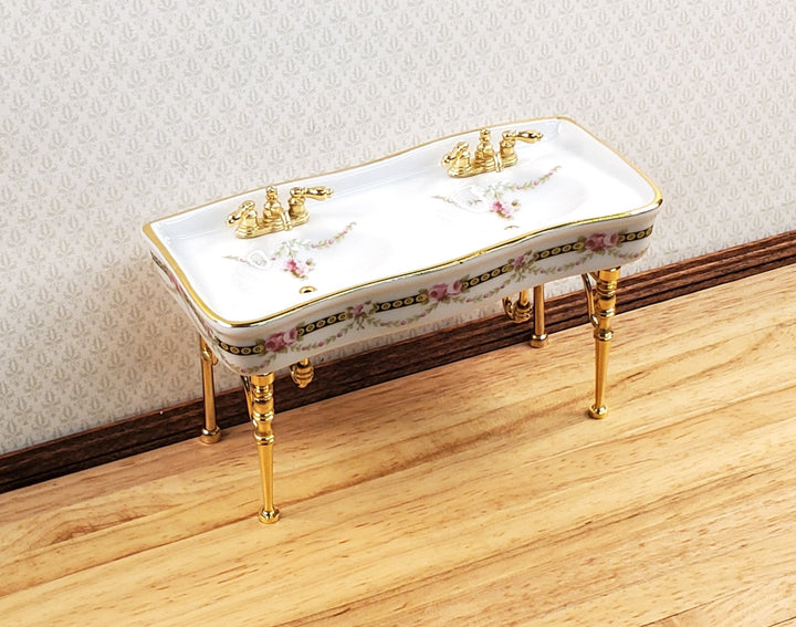 Dollhouse Double Sink Victorian Rose Double Reutter Porcelain 1:12 Scale Miniature - Miniature Crush