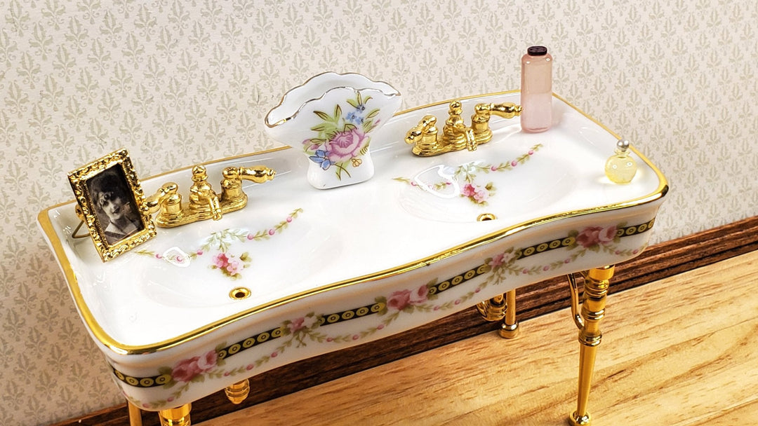 Dollhouse Double Sink Victorian Rose Double Reutter Porcelain 1:12 Scale Miniature - Miniature Crush