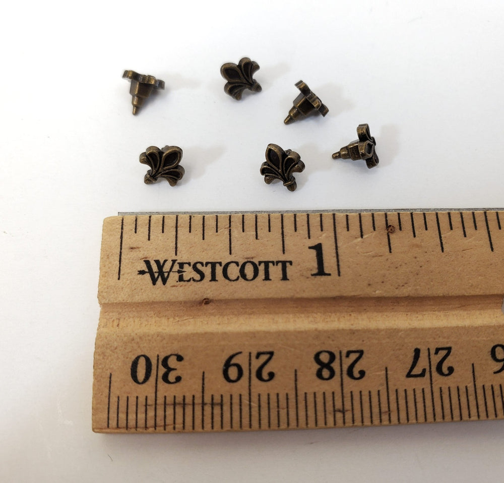 Dollhouse Drawer Pulls Fleur de Lis Antique Bronze Metal 6 Pieces 1:12 Scale Miniature - Miniature Crush