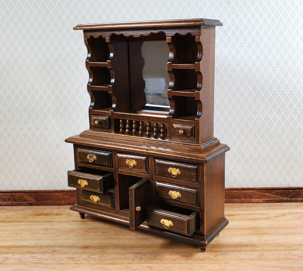 Dollhouse Dresser with Mirror Opening Drawers 1:12 Scale Miniature Walnut Finish - Miniature Crush