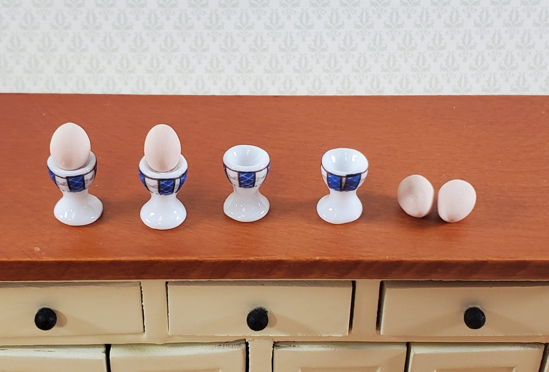 Dollhouse Eggs Cups Servers with Eggs Set of 4 Blue and White Ceramic 1:12 Scale Miniature - Miniature Crush