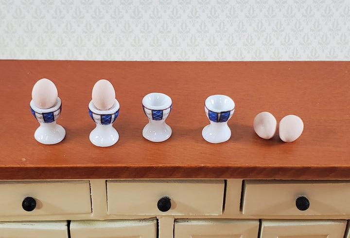 Dollhouse Eggs Cups Servers with Eggs Set of 4 Blue and White Ceramic 1:12 Scale Miniature - Miniature Crush