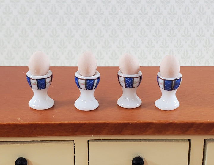 Dollhouse Eggs Cups Servers with Eggs Set of 4 Blue and White Ceramic 1:12 Scale Miniature - Miniature Crush