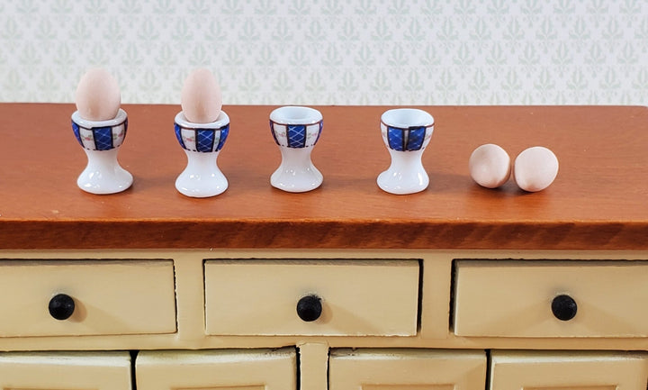 Dollhouse Eggs Cups Servers with Eggs Set of 4 Blue and White Ceramic 1:12 Scale Miniature - Miniature Crush