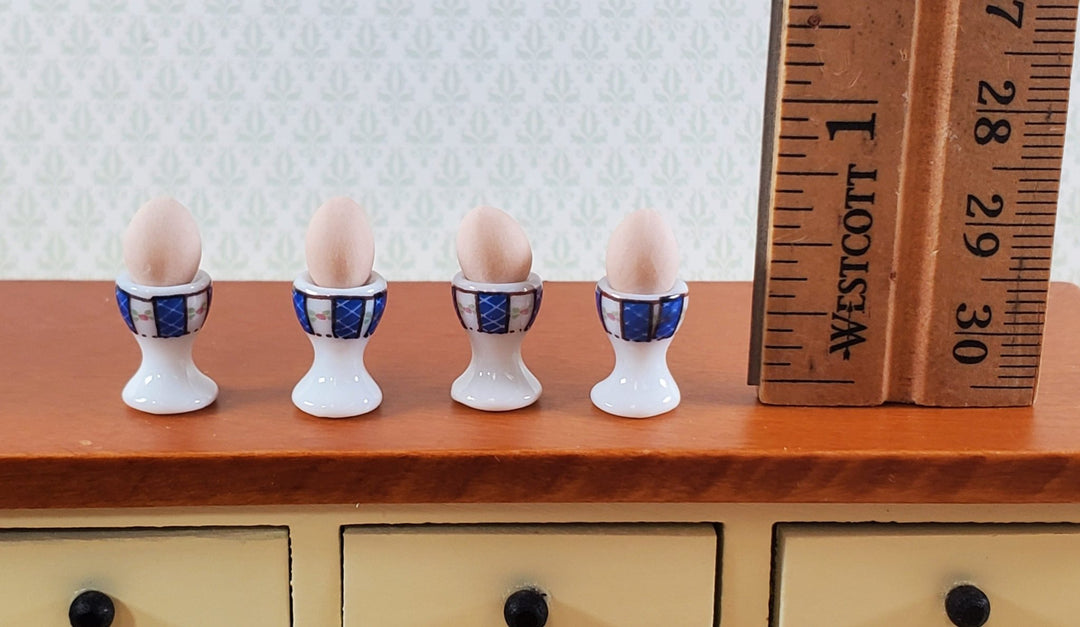 Dollhouse Eggs Cups Servers with Eggs Set of 4 Blue and White Ceramic 1:12 Scale Miniature - Miniature Crush