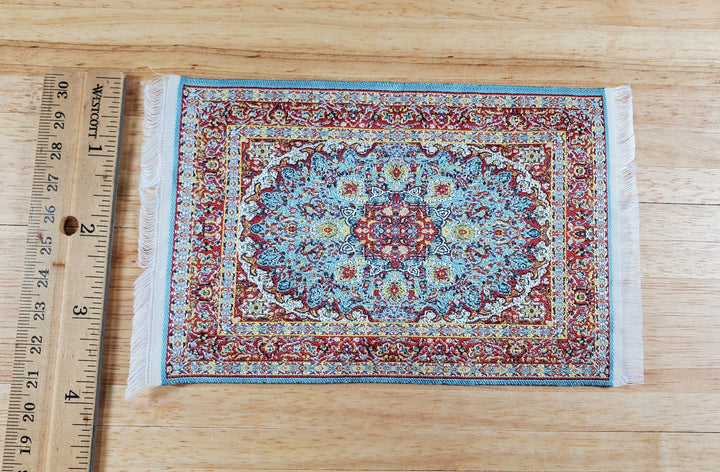 Dollhouse Fabric Rug Blue Maroon White 6" x 4" Woven Fabric 1:12 Scale Miniature - Miniature Crush