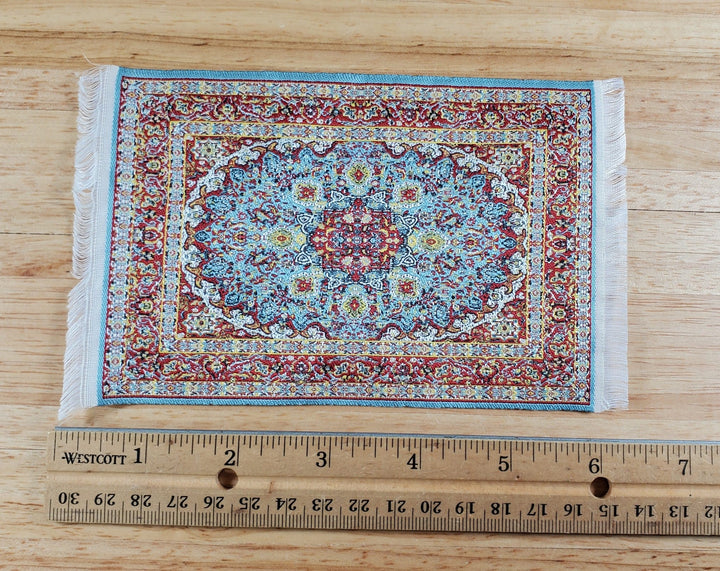 Dollhouse Fabric Rug Blue Maroon White 6" x 4" Woven Fabric 1:12 Scale Miniature - Miniature Crush